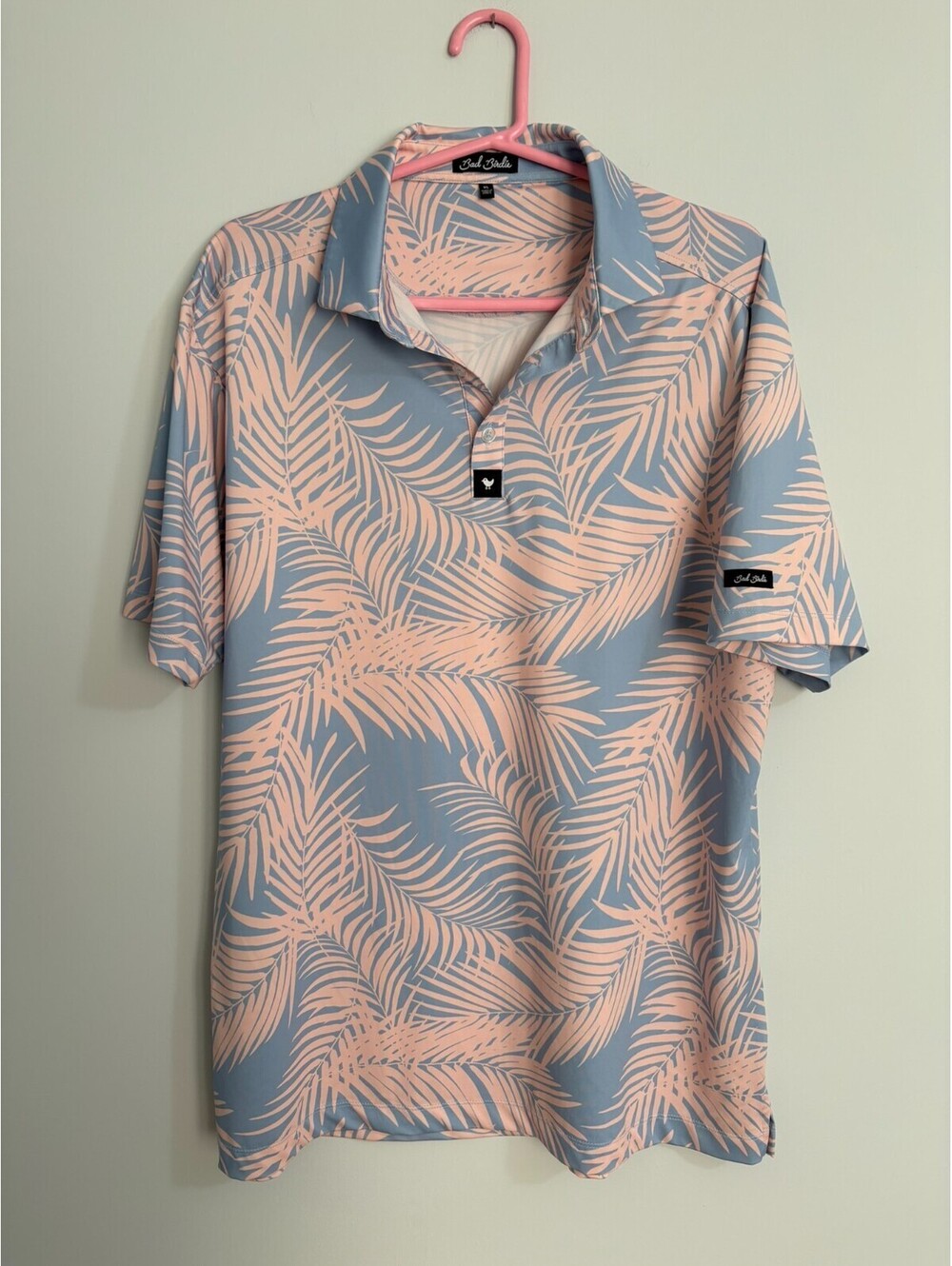 Bad Birdie Tarzan Performance Golf Polo Men’s XL Tropical Palm Leaf Blue Pink